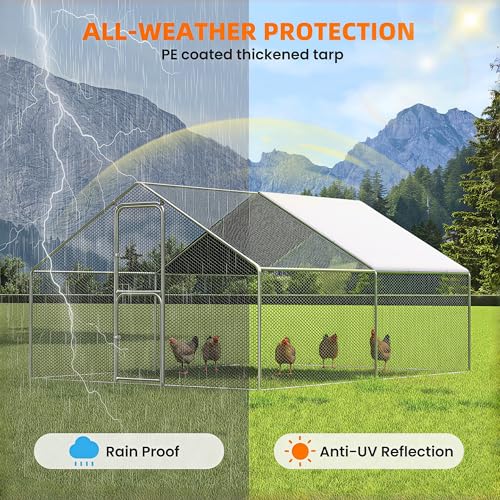 UDPATIO Large Metal Chicken Coop Walk in– Heavy Duty Outdoor Poultry Run with Protective Cover for 15-25 Chickens, Ducks, or Rabbits | Predator-Proof & Weather-Resistant | Double Feed Door UV-Resistant Cover Heavy Duty Outdoor Cage for Bird Duck Rabbit He