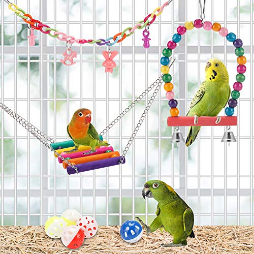 Bird Parakeet Toys - Swing Hanging Standing Chewing Hammock Climbing Ladder Bird Cage Colorful Toys Suitable for Budgerigar, Parakeet, Conure, Cockatiel, Mynah, Love Birds, Finches