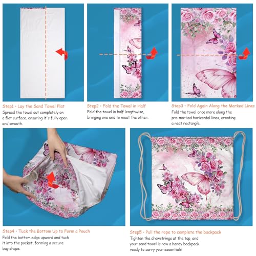 Pink Butterfly Beach Towel Bag - Summer Multi-Functional Microfiber Picnic Blanket Flower Printed Drawstring Bag for Travel - color: Love Butterfly Pink