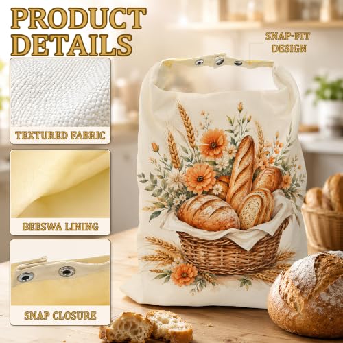 2 Pack Beeswax Basket Floral Bread Bags for Sourdough, Reusable Linen Golden Wheat Bread Bag 17x13'' Food Storage Cloth Bag Freezer-Friendly & Freshness Preservation - color: Basket Floral