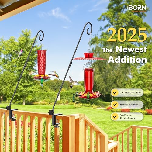 iBorn Deck Hook for Bird Feeder, Hummingbird Feeder Hanger for Deck Railing, Heavy Duty Deck Hanger for Outdoors Hanging, 360° Rotatable Arm, Solid Wire, 28 Inch, Pack of 1 - style: 28" C Clamp for Deck,1 Pack