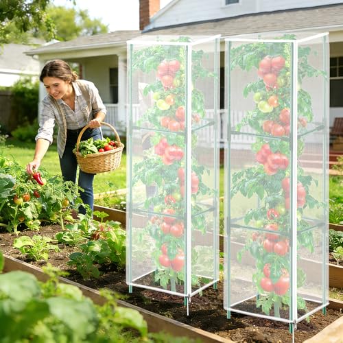 3 Pack Garden Bird Netting Plant Cover for Square Tomato Cage,14.6"x14.6"x51.2" Insect Bird Barrier Tomato Cage Net with Zipper Drawstring,Tomato Trellis Netting Protection Cover for Protecting Plants - color: Square White