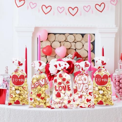 Valentines Cellophane Treat Bags, Valentines Candy Bags, 100 PCS Valentines Goodies Bags, Valentines Plastic Bags with 110pcs Gold Ties, Valentines Gift Bags for Valentines Day Party Favor Supplies - color: Red Valentines 100pcs