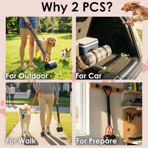 33" Pooper Scooper 2 Pack, XL Long Handle No-Touch Dog Pooper Scooper | Heavy duty pooper scooper for large small dogs. Durable Spring &Lightweight,portable poop pickup tool for no-bend,hands-free.