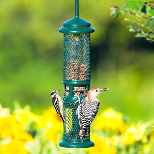 Squirrel Buster Nut Feeder Squirrel-Proof Bird Feeder for Shelled Peanuts & Dried Fruit, Weight-Adjustable, Woodpecker Friendly, 1.3lb Capacity with 2 Interchangeable Meshes | For shelled peanuts and dried fruit, weight-adjustable, woodpecker friendly, tw