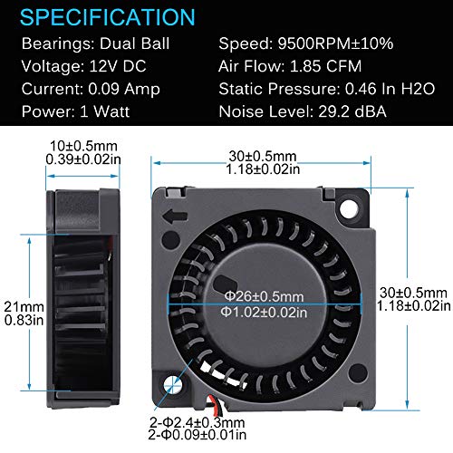 GDSTIME 30mm Blower 12V 2Pin 3010 Dual Ball Brushless DC Cooling Fan 2-Pack | Replacement for 3D Printers - 30x30x10mm, 12 Volt, 9500RPM, High Performance - size: 30mm x 10mm