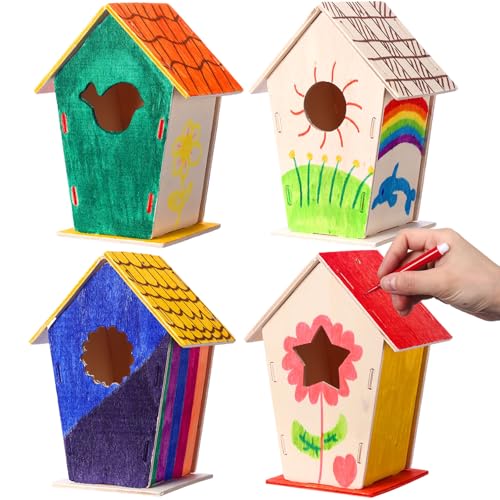 Outus 12 Pcs 5 × 7 Inch DIY Wooden Birdhouse Kit for Kids, Art Painting Bird House Craft Kit Unfinished Bird House Craft for Easter, Kids with Butterfly Sticker Gift 4 Shapes Summer Arts (Vintage) - style: Vintage