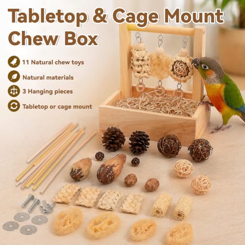 Wooden Bird Parrot Foraging Toys Box with Perch Stand, Cage Accessories