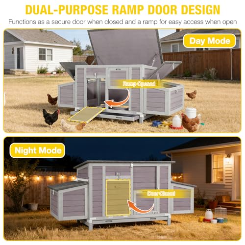 Aivituvin Large Chicken Coop for 4-6 Chickens, Reinforced Outdoor Wooden Hen House with 4 Sectionable Nesting Box, Easy Clean Pull-Out Tray, Waterproof Asphalt Roof - Grey, 67.3"L x 25.4"W x 28.1"H - size: 67.3"L x 25.4"W x 28.1"H
