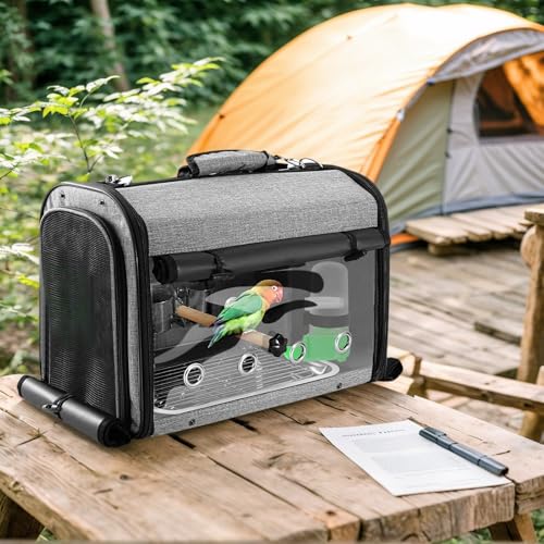 Sanmoncare Bird Carrier Bag Cockatiel Travel Cage with Stand, Lightweight Travel Carrier for Small Bird, Portable Parrot Travel Bag, Pet Transparent Travel Backpack - color: Grey