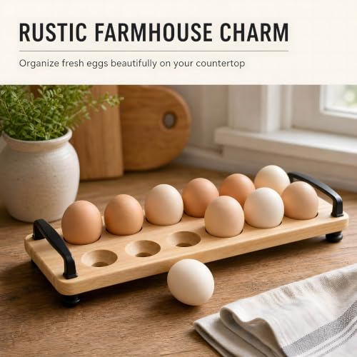 Wooden Egg Holder for Countertop, 12 Eggs Farmhouse Storage Tray | Natural solid pine wood, waterproof coating, rustic countertop egg storage display, black iron handles with ball feet