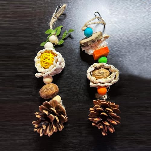 Natural Bird Chewing Toys with Pinecone Nuts and Corn, Wooden Cage Toy for Small to Medium Sun Conure Budgerigar Pacific Parrotlet