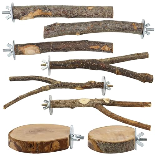 8 Pack Natural Wood Bird Perches,Parrot Perch Stand & Platform, Stand Bird Toys for Conures Budgies Finches Cockatiels Small Birds Exercise Training