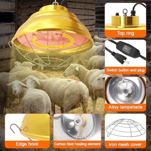 Heat Lamp for Chickens 600W/300W, Carbon Fiber Hanging Chicken Coop Heater | Adjustable Dual Mode/Hanging Height Waterproof Brooder Heater Aluminum Alloy Safety Lamp for Chicks, Poultry, Livestock, Pets - size: 600 Watt