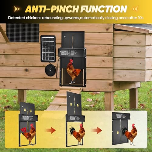 Sakerplus Automatic Chicken Coop Door Solar Powered, Automatic Chicken Door with Timer, Light Sensor, 4 Modes and LCD Display, Aluminum Alloy Auto Chicken Door, Anti-Pinch & Weather Proof