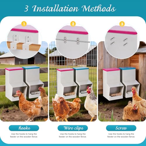 2PCS Metal Automatic Chicken Feeder, Wall Mount Hanging Poultry Feeder Dispenser with 2 Ports, 7lb Chicken Grit and Oyster Shell Feeder Trough No Waste for Outside Coop Quail Ducks Turkeys
