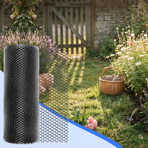 16 INx50 FT Plastic Chicken Wire Mesh Poultry Netting Garden Fence Black | Plastic Chicken Wire Fencing Roll with Ground Stakes & Nylon Ties - Pet Cat Balcony Protection & Outdoor Chicken Coop Barrier