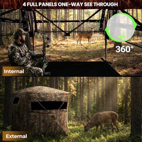 Portable Hunting Blind - 270°/360°See Through with Waterproof Floor Mat | Detachable Ground Mat, Silent Adjustable Windows, Pop Up Ground Blind for 2-4 Person, Camouflage Shelter for Turkey Deer - size: 2-3 Person（360° See Through）