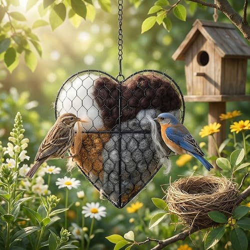 Handmade Fiber Bird Nesting Heart, Nesting Material for Wild Bird, Refillable Nesting Accessories, Hummingbird Nest/House, Outdoor Garden Decortion, Gifts for Bird/Nature Lovers (1pc) - color: Multicolor