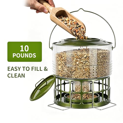 Solution4Patio 8-10LB Bird Feeder, Metal Wild Birdfeeder with 32 Access Holes & 2 Perches, Locking Top Helps Reduce Squirrel Stealing, Rust-Proof Hanging Design for Cardinals & Finches - color: Glazed Green
