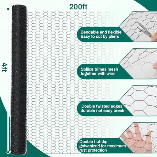 GlikCeil 48 in x 200 ft Chicken Wire Fencing Metal Floral Chicken Wire Mesh for Crafts Poultry Garden, 1 Inch Hexagonal Galvanized Hardware Cloth Netting for Poultry Coop Barrier Rabbit Cage (Black) - color: Black, size: 48 in X 200 ft
