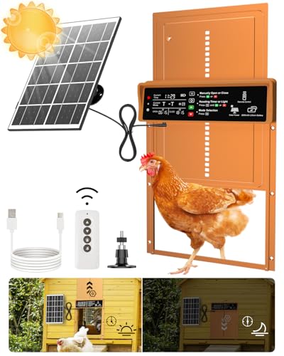 Asfrost Automatic Chicken Coop Door Solar Powered Automatic Chicken Door with Timer & Light Sensor, Anti-Pinch, Durable Aluminum Auto Chicken Door, Charge with 7W Solar Panel & USB - Orange | Timer & Light Sensor Auto Chicken Door for Small Poultry,Solar