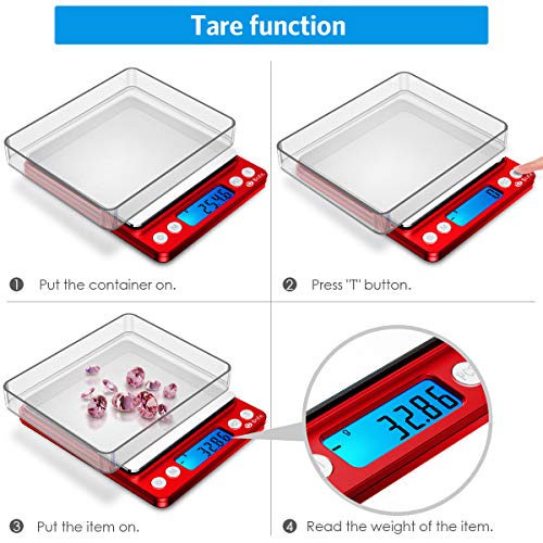 AMIR Upgraded Digital Kitchen Scale, 500g Mini Pocket Jewelry Scale, Cooking Food Scale with Back-Lit LCD Display, 2 Trays, 6 Units, Auto Off, Tare, Stainless Steel (Batteries Included) - color: Red