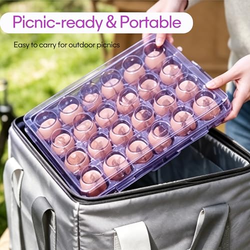 24 Grid Egg Storage Box for Refrigerator Kitchen Camping RV | Stackable BPA-Free Plastic Holder, Large Capacity Organizer With Lid, Portable Countertop Pantry Storage, Purple 1 Pack