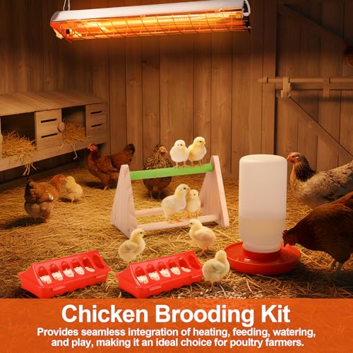 400w Large Hanging Chicken Coop Heater Lamp Carbon Fiber Chicks Brooder Heater 5pcs Chick Feeder and Waterer Kit with Wooden Perch for Poultry Chicks Ducks Quail Pigeons Birds