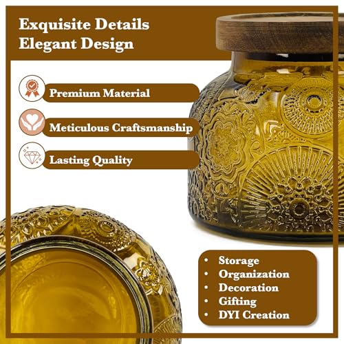 Decorative Amber Embossed Glass Jar with Airtight Wooden Lid, 25.4 fl. oz | Wide mouth vintage storage canister, kitchen pantry bathroom organization, coffee sugar tea cookie candy candle vase gift - size: 25.4 Ounces, style: Amber Flower