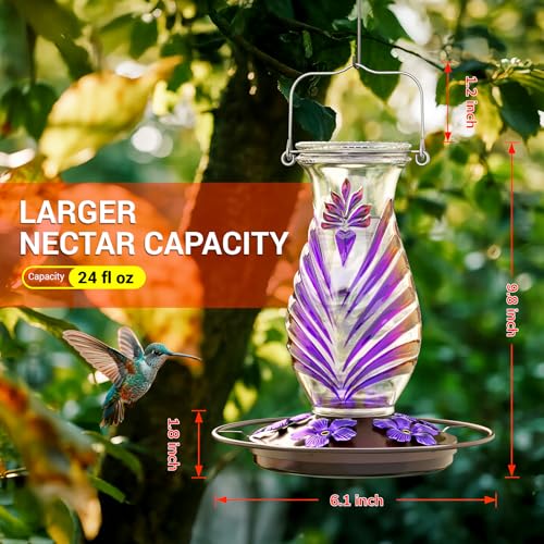 Hummingbird Feeder for Outdoors, 24oz Glass Nectar Feeder with Perch & 5 Flower Feeding Ports, Leakproof Hanging Bird Feeder for Garden Yard Decor, Outside Gifts for Women & Mom, Lavender - color: Lavender