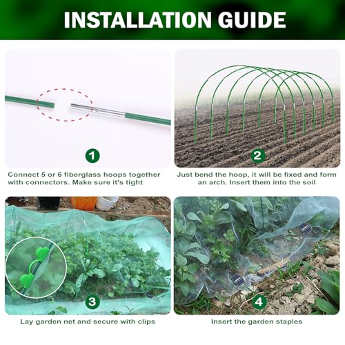Garden Mesh Netting Kit, 10x30FT Green Ultra Fine Netting & 6 Sets 8FT Fiberglass Garden Hoops with Stake, Garden Netting with Frame for Raised Beds, Garden Hoops and Netting, Row Cover, Plant Barrier - color: Green