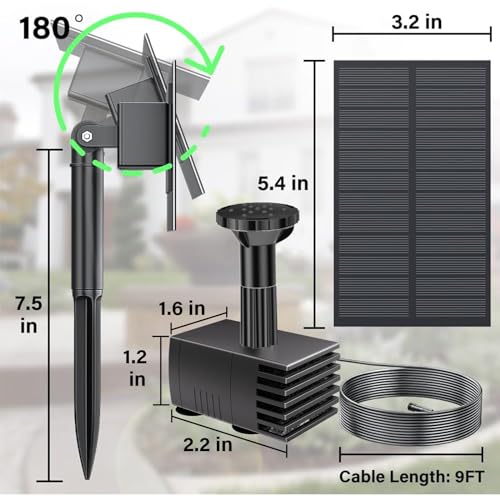 Biling Upgraded Solar Fountain Pump Kit with Ground Stake for Bird Bath | Adjustable Solar Panel, Brushless Low-Consumption Motor, 4 Spray Nozzles, ECO Solar Power for Garden Fish Tank - size: 1.5W