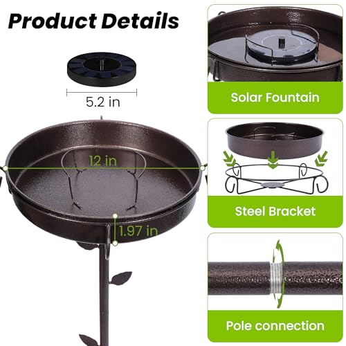 35 Inch Metal Bird Bath with Solar Fountain and 5-Prong Base | Bathing and Feeding Station, Freestanding Design, Attracts Wild Birds to Patios, Lawns and Gardens - size: bird bath with fountain