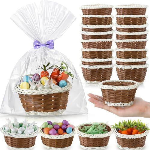 Cinnvoice 24 Sets Mini Easter Party Favor Supplies, Mini Easter Baskets with Eggs, Bunnies, Carrots, Grass & Opp Bags for Spring Egg Hunts, DIY Crafts (Brown) - color: Brown