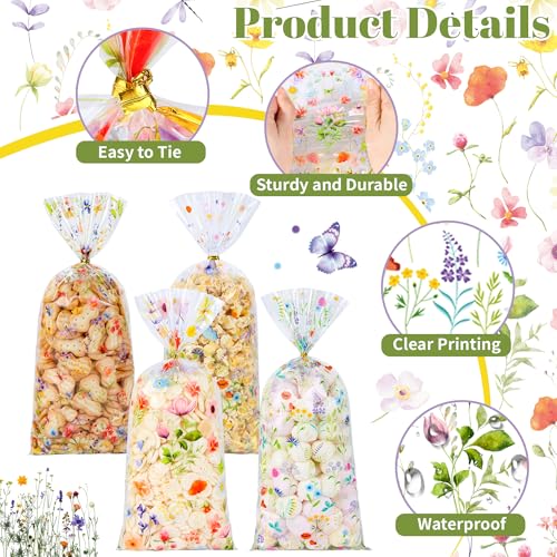 QOIUSO 100 PCS Wildflower Party Cellophane Treat Bags - 4.9 x 10.8 Inch Plastic Floral Party Favor Bags with Twist Ties - Clear Candy & Cookie Gift Bags for Baby Shower, Bridal, Wedding, Birthday - color: Wildflower-100pcs
