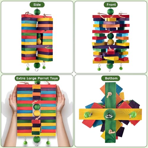 ERKOON Extra Large Bird Parrot Toys for Macaws, African Grey, Amazon Parrots Multicolored Natural Wooden Blocks Parrot Chewing Toy Bird Cage Bite Toy