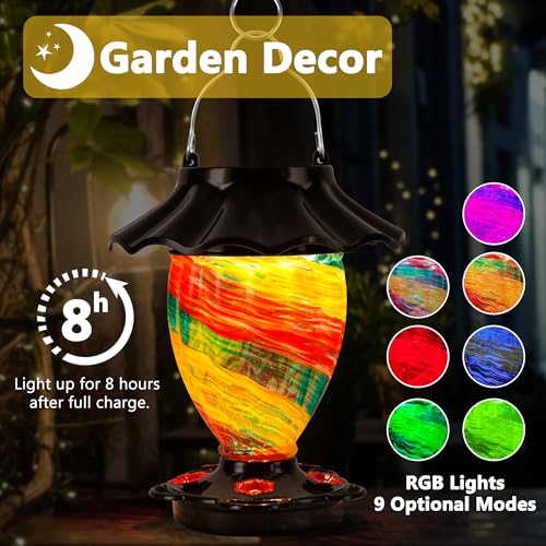 LUJII Solar Hummingbird Feeder for Outside, Color Changing, Hand Blown Glass, 32 fl.oz Never Leak, Waterproof & Rustproof, Lighted Lantern for Patio Decor, Unique Gift for Bird Lover (Ribbon) - color: Ribbon