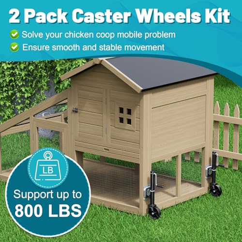 Chicken Coop Wheels Kit, 2 Pack Caster Wheels with Lift System & Pull Handles, Easy Move Your Chicken Cage, Chicken Tractor & Poultry House, Portable Chicken Coop Accessories