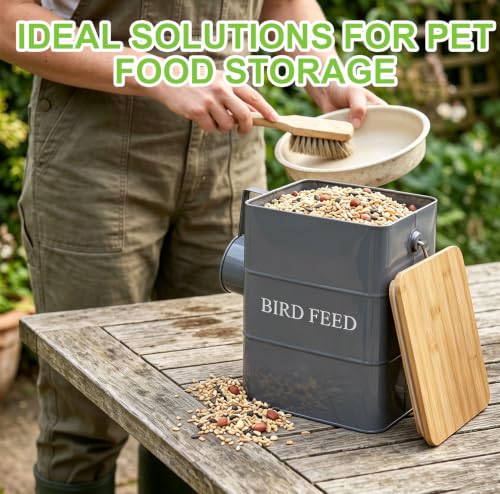 Metal Bird Seeds storage container,Outdoor Bird Container Canister, Pet Food Bin with Wooden Lid/Handle/Food scoop,hold 5-6 Lbs of Wild Bird Seed Sunflower Seed-Preventing Squirrels-Gray - color: Gray
