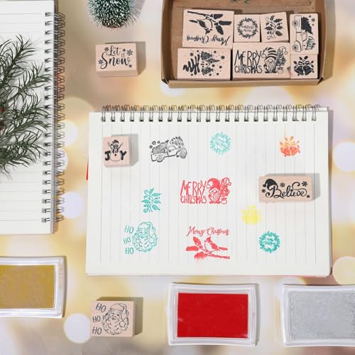 JarThenaAMCS 11 Pcs Merry Christmas Wooden Rubber Stamps Xmas Mixed DIY Craft Stamps for Party Gift Decor Scrapbooking Cards Making - style: Christmas