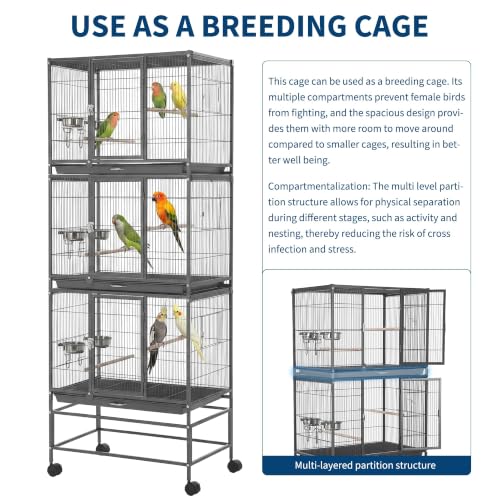 TrailBlaze Heavy Duty Carbon Steel Bird Cage - 74 Inch Stackable Aviary with 3 Dividable Compartments, Removable Trays, Spacious Flight Enclosure for Parakeets, Cockatiels, Conures, Finches - Silver - color: Black