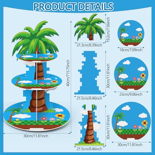 Blue Cupcake Stand Cartoon Themed Birthday Party Decorations 3 Tier Palm Tree Dessert Cake Toppers Stand Decorations Cupcake Holder Tower for Video Games Party Supplies Pixel Baby Shower - style: Cartoon