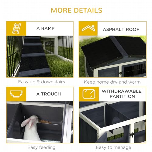 PawHut 2 Levels Outdoor Rabbit Hutch Openable Top for Rabbits 59" Dark Gray | Wooden Large Rabbit Cage with Run, Weatherproof Roof, Removable Tray, Ramp, for Chickens, Ducks - color: Dark Grey