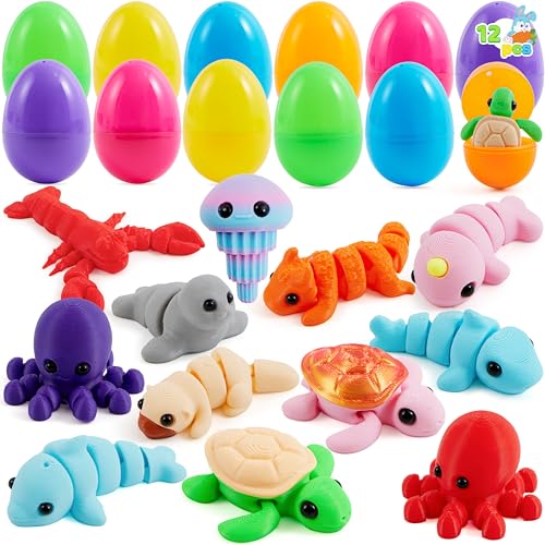 JOYIN 12Pcs Prefilled Easter Eggs with Mini Sea Animals, Articulated Toys, 3D Printed Toys, Basket Stuffers for Boys & Girls, Party Favors, Easter Egg Hunt, Classroom Supplies(Age 8+) - style: Cute