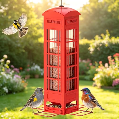 Squirrel Proof Bird Feeder, 3.2LB Large Capacity Metal Mesh Hanging Bird Feeder for Outdoors with Weight-Activated Perches for Cardinals, Finches, Chickadees & Blue Jays, for Dad - color: red