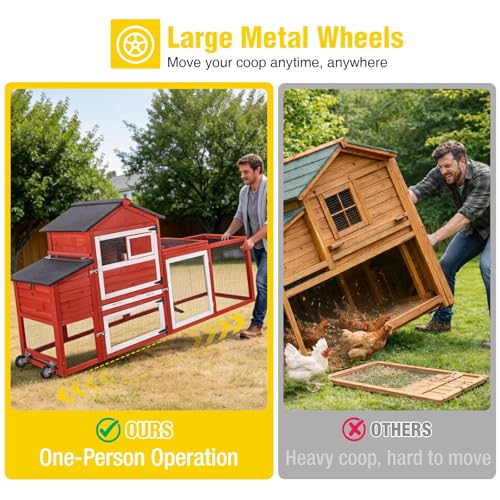 Aivituvin Mobile Chicken Coop with Wheels for 4-6 Chickens, Backyard Expandable Chicken House Duck Cage with Run, 2 Nesting Boxes, Easy Clean Pull-Out Tray, Leak-Resistant Asphalt Roof, 82.4"(Red) - color: Red, size: 82.4"L x 26.0"W x 44.0"H
