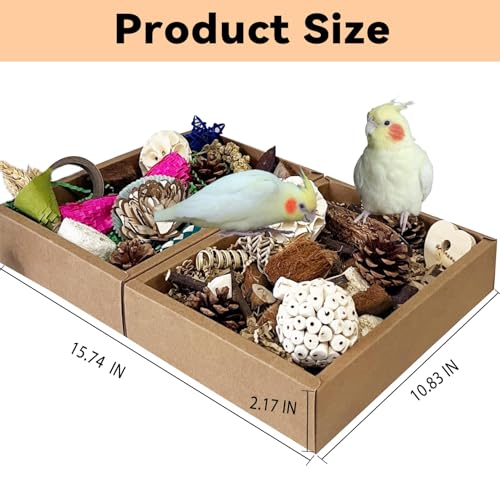 Bird Foraging Toys Parrot Chew Shredding Toys Bird Foraging Box for Parakeets Cockatiels Conures Lovebirds and Small to Medium Birds(Natural+Colorful) - color: Natural & Colorful