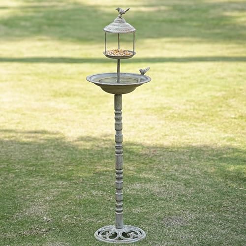 44.5" H 2 in 1 Metal Bird Bath, Standing Bird Feeder Garden Yard Decor | 2-in-1 weatherproof metal bird bath, functional standing bird feeder, exquisite decor for backyard garden and yard - color: Retro-D