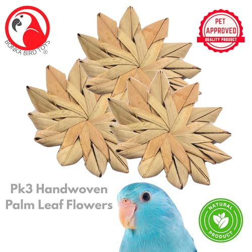 Bonka Bird Toys 1271 3" Palm Leaf Flowers pk3 for Small Medium Birds | Hand woven natural palm leaf construction for chewing and shredding enrichment